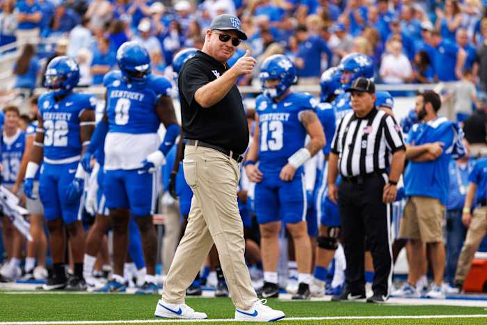 Sep 30, 2023; Lexington, Kentucky, USA; Kentucky Wildcats head coach Mark Stoops gives a thumbs up before the game against the Florida Gators at Kroger Field. Mandatory Credit: Jordan Prather-USA TODAY Sports